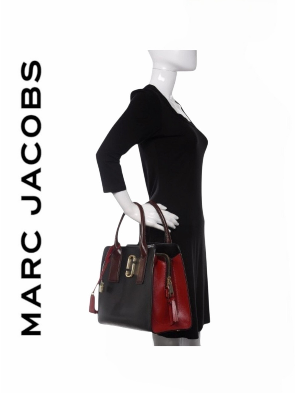 Marc Jacobs Black Leather Satchel with Burgundy Handles and Red Tag - Picture 2 of 5